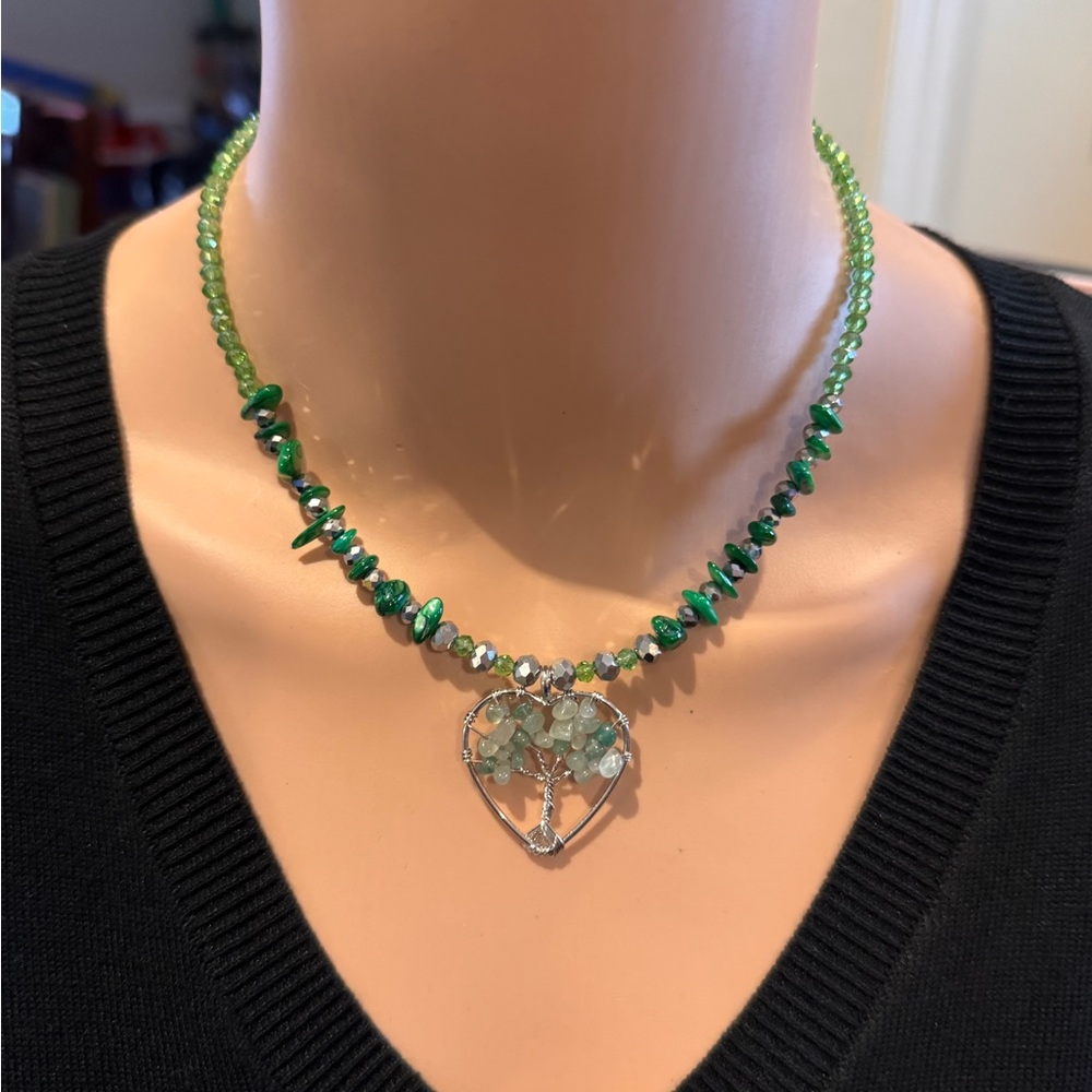Green and Silver Tree of Life Necklace with Natural Gemstones NEW
